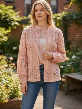 Boston Proper Peach Lace Openwork Jacket